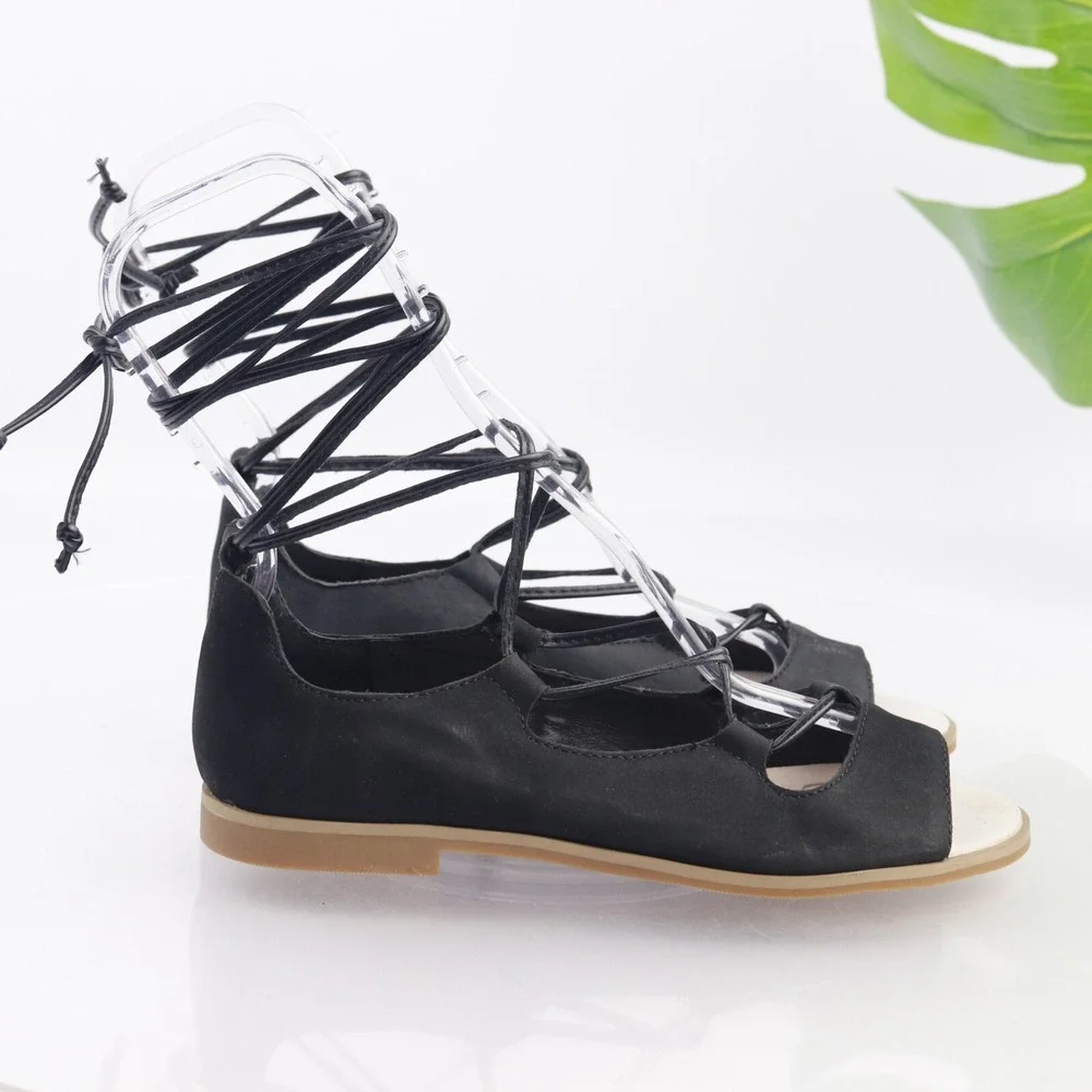 J JIll Womens Sandals Size 6.5  Black Leather Flat Ankle Wrap Tie Open Toe Shoes